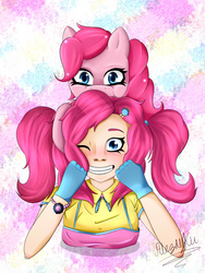 Size: 1836x2448 | Tagged: safe, artist:alezayku, pinkie pie, human, g4, clothes, gloves, grin, human ponidox, humanized, piggyback ride, pinkie being pinkie, smiling