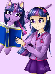 Size: 1032x1377 | Tagged: safe, artist:alezayku, twilight sparkle, human, g4, book, clothes, flying, human ponidox, humanized, school uniform, twilight sparkle (alicorn)