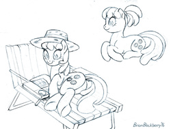 Size: 1004x758 | Tagged: safe, artist:brianblackberry, cheerilee, g4, book, butt, female, flowerbutt, hat, monochrome, plot, ponytail, prone, sketch, solo, underhoof