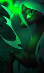 Size: 1280x2133 | Tagged: safe, artist:mymysteriouspony, queen chrysalis, changeling, changeling queen, g4, female, glowing horn, horn, magic, raised hoof, solo