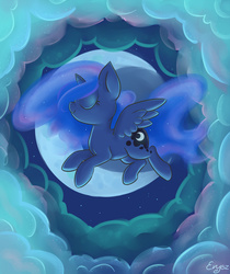 Size: 1009x1200 | Tagged: safe, artist:erysz, princess luna, g4, eyes closed, female, filly, moon, night, smiling, solo, woona