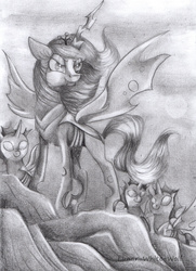 Size: 2464x3412 | Tagged: safe, artist:lunar-white-wolf, queen chrysalis, changeling, changeling queen, g4, female, grayscale, grin, high res, monochrome, smiling, traditional art