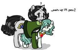 Size: 1881x1225 | Tagged: safe, artist:hipsanon, oc, oc only, oc:emerald jewel, oc:joyride, earth pony, pony, unicorn, colt quest, adult, amulet, bags under eyes, bowtie, child, clothes, color, colt, cutie mark, female, femboy, foal, gloves, hair over one eye, hiding, horn, male, mantle, mare, question mark