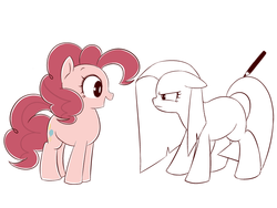 Size: 800x600 | Tagged: safe, artist:うめぐる, pinkie pie, earth pony, pony, g4, drawn into existence, duality, pinkamena diane pie, simple background, white background