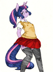 Size: 887x1200 | Tagged: safe, artist:yachimata, color edit, edit, twilight sparkle, anthro, g4, alternate hairstyle, clothes, colored, female, pencil drawing, ponytail, school uniform, socks, solo, stockings, thigh highs, traditional art