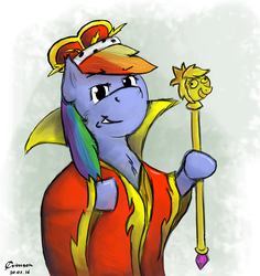 Size: 1887x2000 | Tagged: safe, artist:crimson, rainbow dash, g4, cane, clothes, color, crown, gold, hoof hold, queen, red, robe, rod