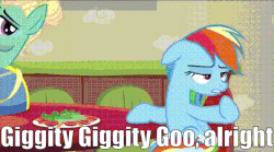 Size: 595x331 | Tagged: safe, edit, edited screencap, screencap, rainbow dash, zephyr breeze, pegasus, pony, flutter brutter, g4, animated, caption, duo, family guy, female, gif with captions, giggity, male, mare, reference, stallion, text
