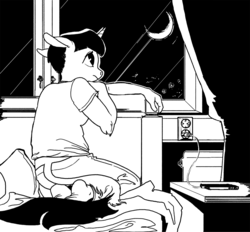 Size: 1254x1164 | Tagged: safe, artist:spectralunicorn, twilight sparkle, anthro, g4, alternate hairstyle, bed, black and white, cellphone, clothes, curtains, european plug, female, grayscale, monochrome, moon, phone, plug, radiator, sad, sheet, shirt, solo, window