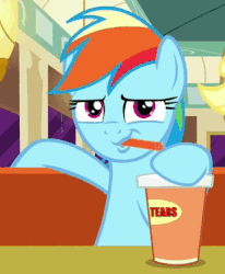Size: 308x373 | Tagged: safe, edit, edited screencap, screencap, rainbow dash, g4, the saddle row review, animated, caption, cropped, crying, cup, drink, drinking, drinking tears, female, meme, rainbow dash is best facemaker, reaction image, sipping, solo, straw, text, your tears are delicious