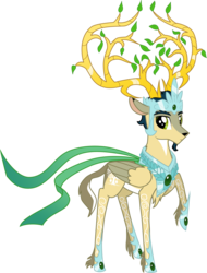 Size: 2000x2634 | Tagged: safe, artist:sirzi, oc, oc only, oc:prince vernalis, deer, eikerren, original species, peryton, antlers, branches for antlers, cervine, clothes, crown, deer oc, emerald, facial hair, goatee, high res, horns, jewelry, leaves, looking at you, male, non-pony oc, raised hoof, regalia, ribbon, scarf, simple background, solo, transparent background, wings