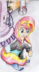 Size: 1829x3330 | Tagged: safe, artist:40kponyguy, derpibooru exclusive, discord, sunset shimmer, pony, unicorn, equestria girls, g4, clothes, confused, equestria girls outfit, magic mirror, traditional art