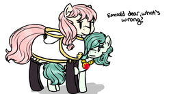 Size: 2011x1114 | Tagged: safe, artist:hipsanon, oc, oc only, oc:emerald jewel, oc:hope blossoms, earth pony, pony, colt quest, adult, amulet, bags under eyes, boots, bowtie, child, cloak, clothes, color, colt, female, femboy, foal, gloves, hair over one eye, hiding, leggings, male, mare, ponytail, question mark, robe