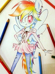 Size: 460x613 | Tagged: safe, artist:liaaqila, rainbow dash, anthro, g4, awesome, clothes, colorful, cute, dashabetes, female, hoodie, jeans, pants, pony ears, rainbow dash always dresses in style, solo, traditional art