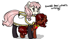 Size: 2011x1114 | Tagged: safe, alternate version, artist:hipsanon, oc, oc only, oc:emerald jewel, oc:hope blossoms, oc:ruby rouge, earth pony, pony, colt quest, adult, alternate color palette, amulet, bags under eyes, boots, bowtie, child, cloak, clothes, color, colt, female, femboy, foal, gloves, hair over one eye, hiding, leggings, male, mare, ponytail, question mark, robe