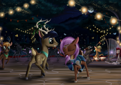 Size: 4232x2975 | Tagged: safe, artist:sirzi, oc, oc only, deer, fordeer, original species, vitrung, clothes, dancing, deer oc, dress, drums, musical instrument, night