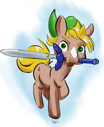 Size: 1280x1552 | Tagged: safe, artist:helloiamyourfriend, quarter hearts, earth pony, pony, g4, 30 minute art challenge, glare, gradient background, gritted teeth, link, looking at you, male, master sword, mouth hold, ponified, raised hoof, raised leg, running, solo, stallion, the legend of zelda