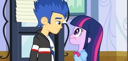 Size: 1366x662 | Tagged: safe, screencap, flash sentry, twilight sparkle, equestria girls, g4, blushing, female, male, ship:flashlight, shipping, size difference, straight