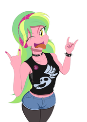 Size: 2505x3500 | Tagged: safe, artist:janji009, lemon zest, equestria girls, g4, my little pony equestria girls: friendship games, armpits, bra, breasts, busty lemon zest, choker, clothes, devil horn (gesture), female, high res, midriff, one eye closed, piercing, shorts, solo, tank top, tongue out, tongue piercing, underwear, wink