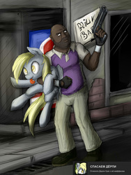 Size: 1025x1361 | Tagged: safe, artist:rule1of1coldfire, derpy hooves, human, pony, g4, coach (l4d2), crossover, duo, gun, left 4 dead, left 4 dead 2, russian, steam (software), weapon