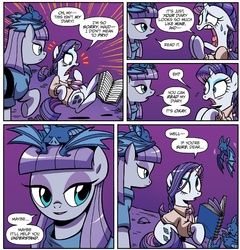 Size: 1309x1361 | Tagged: safe, artist:brenda hickey, idw, official comic, maud pie, rarity, bat, earth pony, pony, unicorn, friends forever #29, g4, my little pony: friends forever, spoiler:comic, book, braid, comic, diary, smiling, when she smiles