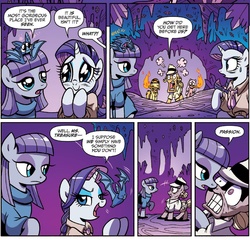 Size: 1291x1238 | Tagged: safe, artist:brenda hickey, idw, official comic, buried treasure, maud pie, rarity, bat, earth pony, pony, unicorn, friends forever #29, g4, my little pony: friends forever, spoiler:comic, cave, comic, crystal