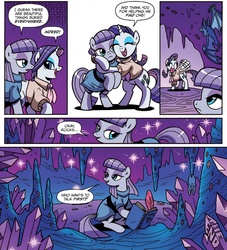 Size: 1335x1472 | Tagged: safe, artist:brenda hickey, idw, official comic, maud pie, rarity, bat, earth pony, pony, unicorn, friends forever #29, g4, my little pony: friends forever, spoiler:comic, cave, comic, crystal, smiling, when she smiles