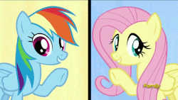 Size: 718x404 | Tagged: safe, screencap, fluttershy, rainbow dash, pony, flutter brutter, g4, animated, can i do it on my own, cute, dashabetes, discovery family logo, female, shyabetes, singing