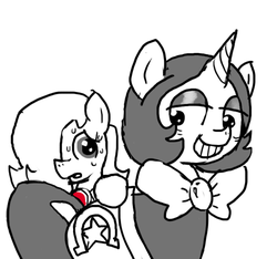 Size: 640x600 | Tagged: safe, artist:ficficponyfic, oc, oc only, oc:emerald jewel, oc:joyride, earth pony, pony, unicorn, colt quest, adult, amulet, bags under eyes, bowtie, child, clothes, color, colt, cutie mark, eyeshadow, female, femboy, foal, glare, grin, hair over one eye, hiding, horn, makeup, male, mantle, mare, nervous, smiling, story included, worried