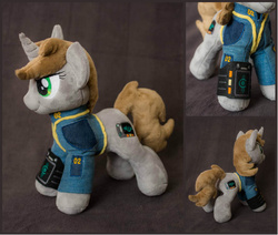 Size: 970x824 | Tagged: safe, artist:valmiiki, oc, oc only, oc:littlepip, pony, unicorn, fallout equestria, clothes, fanfic, female, irl, jumpsuit, mare, photo, pipbuck, plushie, solo, vault suit