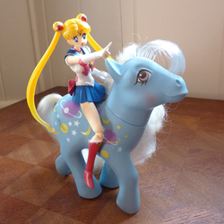 Size: 570x570 | Tagged: safe, artist:sadish-radish, night glider (g1), g1, blushing, humans riding ponies, irl, photo, riding, sailor moon, sailor moon (series), toy, tsukino usagi