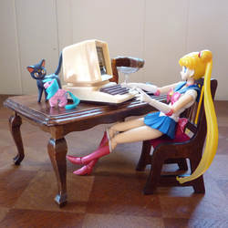 Size: 570x570 | Tagged: safe, artist:sadish-radish, firefly, g1, barely pony related, chair, computer, irl, photo, sailor moon (series), table, toy