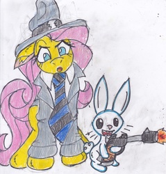 Size: 2473x2586 | Tagged: safe, artist:cuddlelamb, angel bunny, fluttershy, g4, clothes, cosplay, costume, detective, duo, gun, high res, luger, necktie, no trigger discipline, sam and max, traditional art, weapon