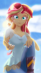 Size: 1032x1800 | Tagged: safe, artist:crunchtherobot, sunset shimmer, equestria girls, g4, breasts, cleavage, clothes, female, looking at you, pants, solo, unintentionally creepy