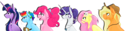 Size: 3260x804 | Tagged: safe, artist:cranberry--zombie, applejack, fluttershy, pinkie pie, rainbow dash, rarity, twilight sparkle, alicorn, pony, g4, bow, flower, goggles, hair bow, mane six, necklace, twilight sparkle (alicorn), watermark