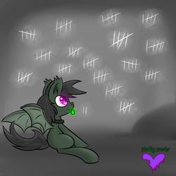 Size: 1280x1280 | Tagged: safe, artist:askhypnoswirl, oc, oc only, oc:maraco arco, bat pony, pony, cave, glowing eyes, glowing tongue, sitting, smiling, solo, tally marks, tongue out