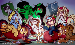 Size: 5000x3000 | Tagged: safe, artist:ruef, oc, oc only, oc:alexander, oc:art's desire, oc:lessi, oc:migraine, oc:penny fable, oc:waffles, beanbag chair, blushing, candle, drink, food, magic, mouth hold, pillow, pizza, popcorn, sleepover, telekinesis