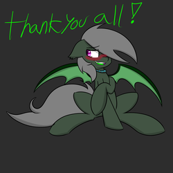 Size: 1280x1280 | Tagged: safe, artist:askhypnoswirl, oc, oc only, oc:maraco arco, bat pony, pony, ask, blushing, collar, glowing tongue, smiling, solo, text, tumblr