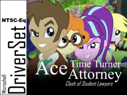 Size: 800x600 | Tagged: safe, derpy hooves, doctor whooves, scribble dee, starlight glimmer, time turner, equestria girls, g4, ace attorney, background human, game cover, parody, phoenix wright, wat