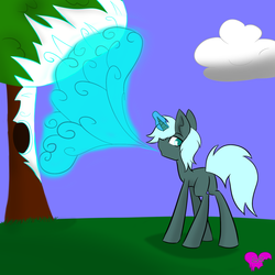 Size: 1280x1280 | Tagged: safe, artist:askhypnoswirl, oc, oc only, oc:zarkhan, pony, unicorn, butt, frost breath, frozen, magic, plot, solo, tree