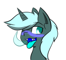 Size: 980x888 | Tagged: safe, artist:askhypnoswirl, oc, oc only, oc:zarkhan, pony, unicorn, blushing, frost breath, smiling, solo, tongue out