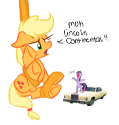 Size: 800x843 | Tagged: safe, applejack, twilight sparkle, g4, car, lincoln continental, muh, tied up