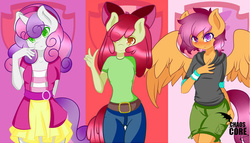 Size: 700x400 | Tagged: safe, artist:caoscore, apple bloom, scootaloo, sweetie belle, anthro, g4, belt, blushing, clothes, cutie mark, cutie mark crusaders, denim, equestria girls outfit, pony coloring, shorts, skirt, the cmc's cutie marks