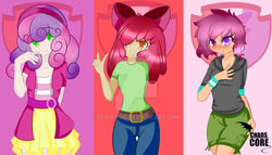 Size: 1024x585 | Tagged: dead source, safe, artist:caoscore, apple bloom, scootaloo, sweetie belle, human, g4, belt, breasts, clothes, cutie mark, cutie mark crusaders, denim, equestria girls outfit, female, human coloration, humanized, shorts, skirt, the cmc's cutie marks, watermark