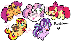 Size: 893x520 | Tagged: dead source, safe, artist:bumblebun, apple bloom, scootaloo, starlight glimmer, sunset shimmer, sweetie belle, earth pony, pegasus, pony, unicorn, g4, book, cute, cutie mark, cutie mark crusaders, female, filly, open mouth, reading, simple background, the cmc's cutie marks, tongue out, white background, wink