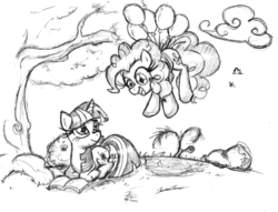 Size: 2768x2119 | Tagged: safe, artist:leadhooves, pinkie pie, twilight sparkle, earth pony, pony, unicorn, g4, balloon, book, duo, female, floating, looking at each other, looking at someone, mare, monochrome, reading, then watch her balloons lift her up to the sky, traditional art
