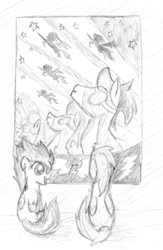 Size: 1367x2091 | Tagged: safe, artist:thekuto, soarin', spitfire, pony, g4, foal, gazing, monochrome, traditional art, wonderbolts poster, younger