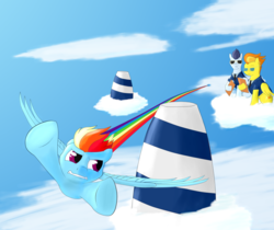 Size: 1024x862 | Tagged: safe, artist:sneopony, rainbow dash, soarin', spitfire, pony, g4, cloud, sky, sunglasses, trial