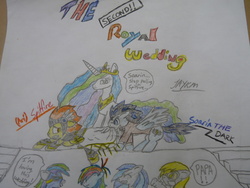 Size: 4000x3000 | Tagged: safe, artist:soarindark, dj pon-3, princess celestia, rainbow dash, soarin', spitfire, vinyl scratch, pony, g4, female, male, marriage, ship:soarinfire, shipping, straight, traditional art, wedding