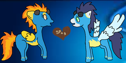 Size: 636x320 | Tagged: safe, artist:pony_fossil, soarin', spitfire, pony, g4, 1000 hours in ms paint, clothes, female, food, implied wing hole, male, ms paint, pie, ship:soarinfire, shipping, straight, uniform, wing hole, wonderbolts uniform