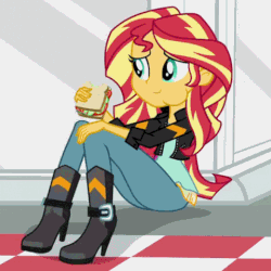 Size: 480x480 | Tagged: safe, screencap, sunset shimmer, equestria girls, g4, my little pony equestria girls: friendship games, animated, chewing, clothes, cropped, cute, eating, female, food, gif, jacket, leather jacket, nom, pants, sandwich, shimmerbetes, solo